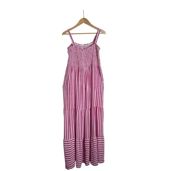 Raviya Pink White Striped Tiered Maxi Dress Smocked Bodice Size XL NWT - Picture 5 of 8
